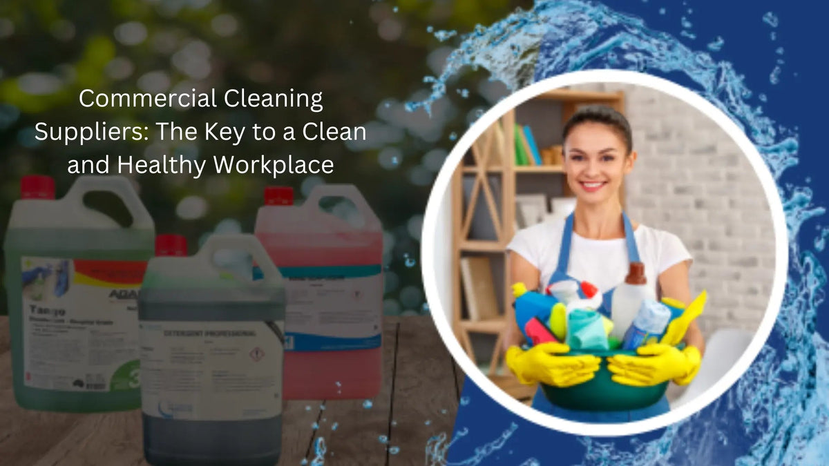 Commercial cleaning products with cleaning professional holding supplies, healthy workplace theme