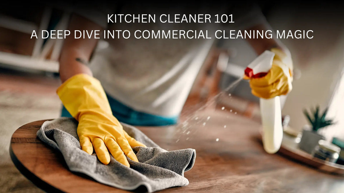 Person cleaning wooden kitchen surface with yellow gloves, spray bottle, and cloth