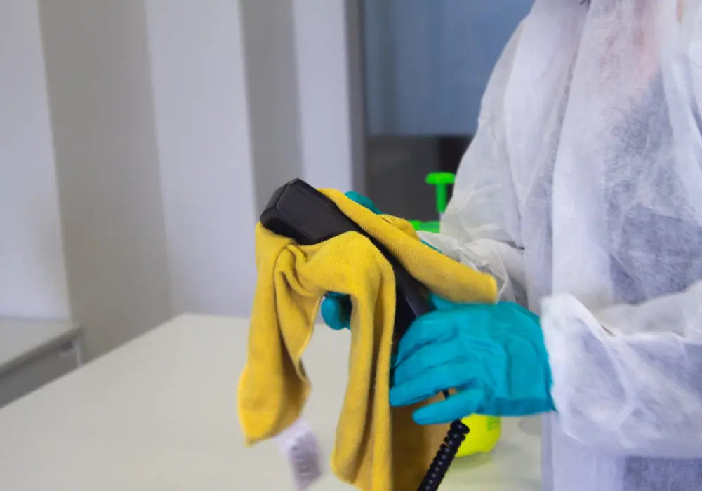 Person in protective gear cleaning a phone with a yellow microfiber cloth and gloves