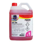 Agar HC-90 detergent concentrate 5L cleaning chemical bottle with red liquid and safety labels.