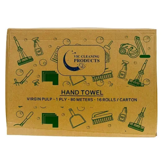 Carton of hand towel rolls with cleaning product illustrations and product details on box