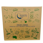 Box of toilet tissue with cleaning icons, labeled 2 ply, 400 sheets, 48 rolls per carton