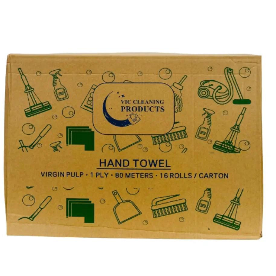 Brown carton of hand towels, 1 ply 80 meters, with cleaning product icons on packaging