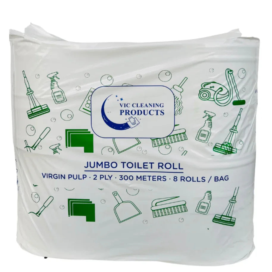 Jumbo toilet roll package, 2 ply, 300 meters, 8 rolls, illustrated with cleaning tools.