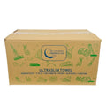 Cardboard box of ultraslim paper towels with cleaning product illustrations and product details.