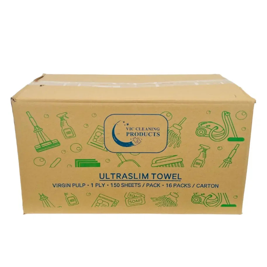 Cardboard box of ultraslim paper towels with cleaning product illustrations and product details.