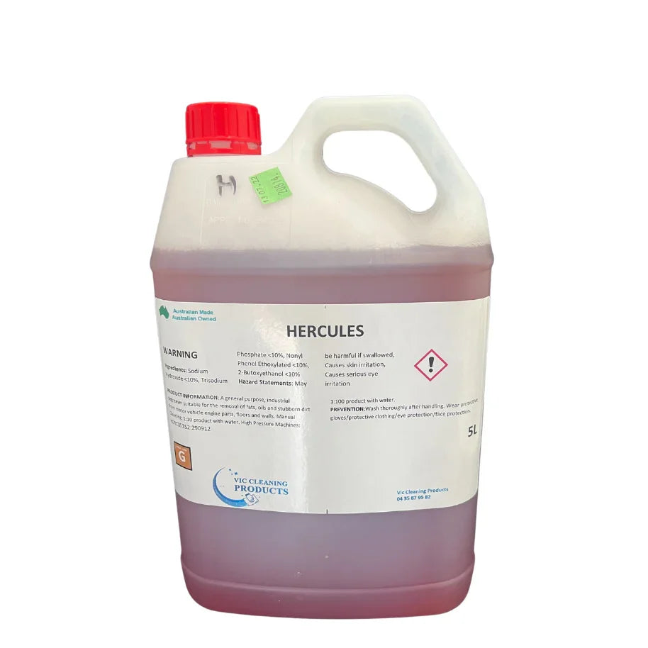 5L container of Hercules industrial cleaning chemical with warning label and red cap