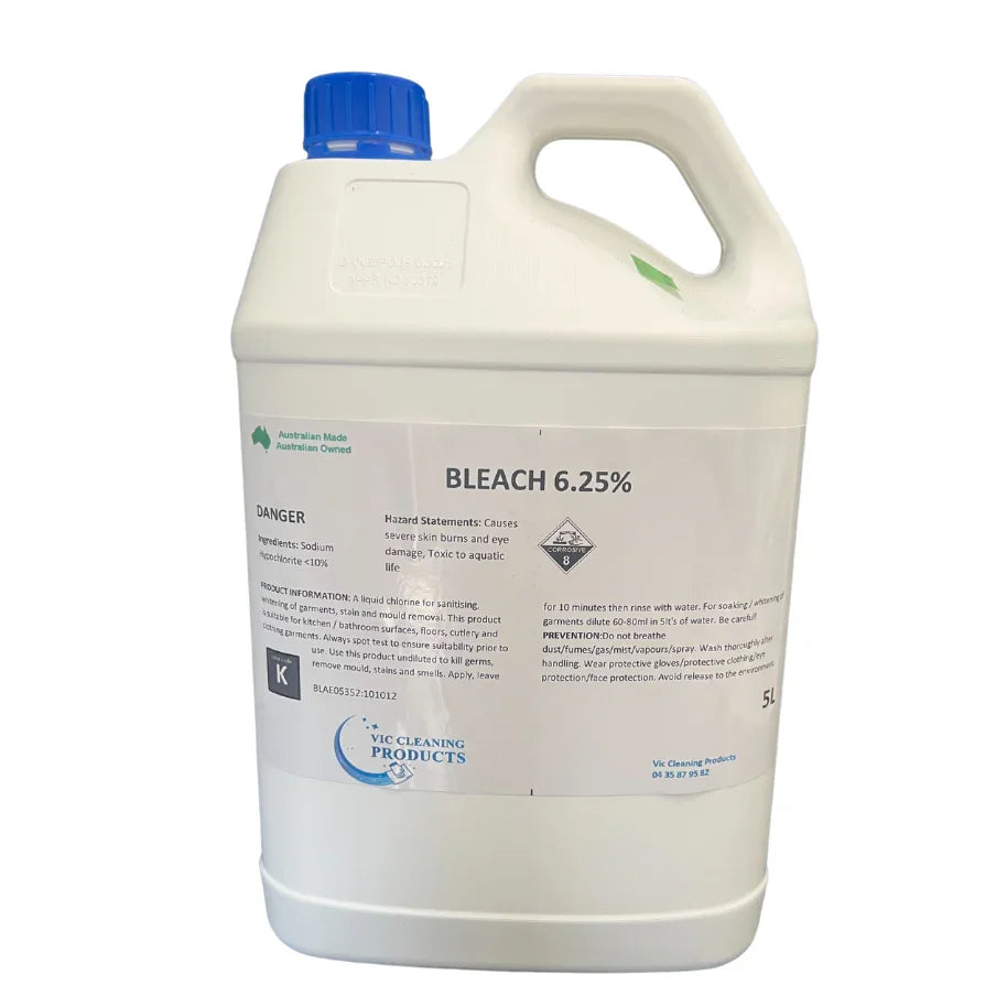 5L bottle of 6.25% bleach with blue cap for cleaning, stain and germ removal