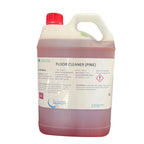 5L bottle of pine floor cleaner with hazard information label and red screw cap