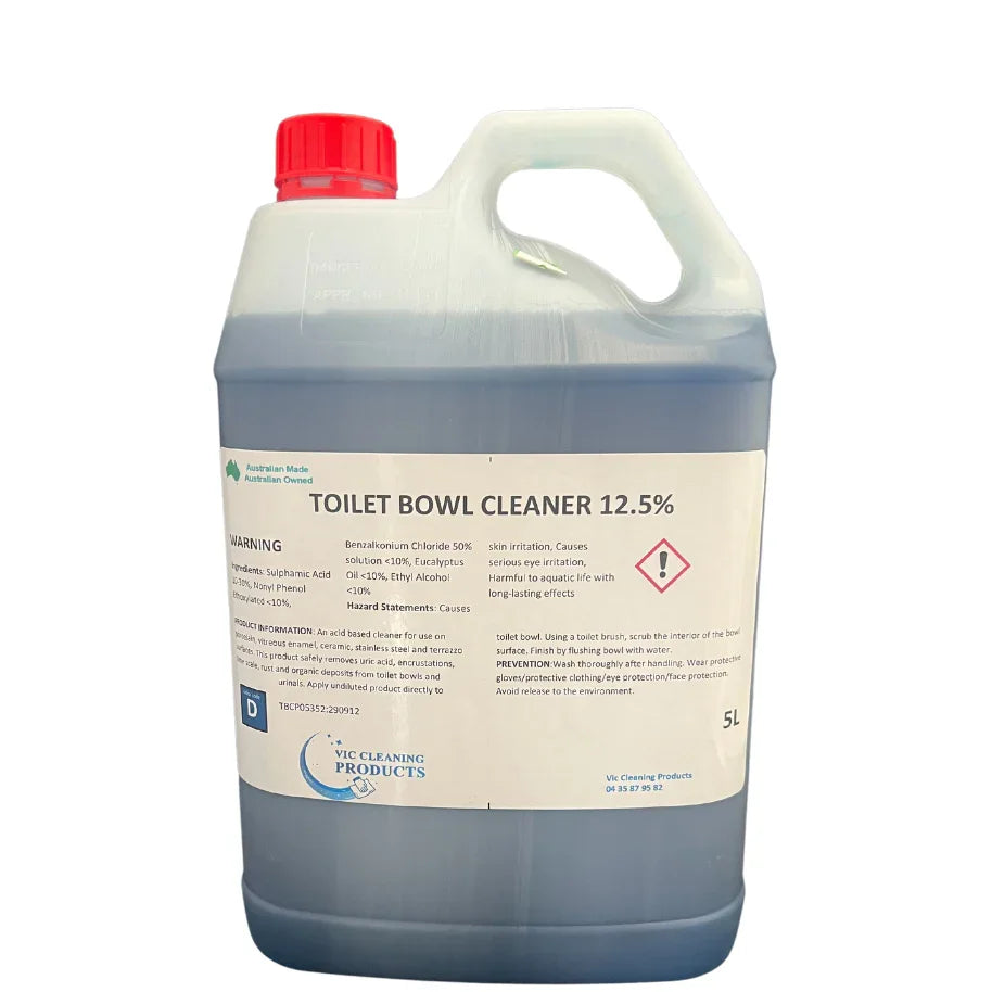 5L bottle of toilet bowl cleaner with red cap and safety label for bathroom cleaning