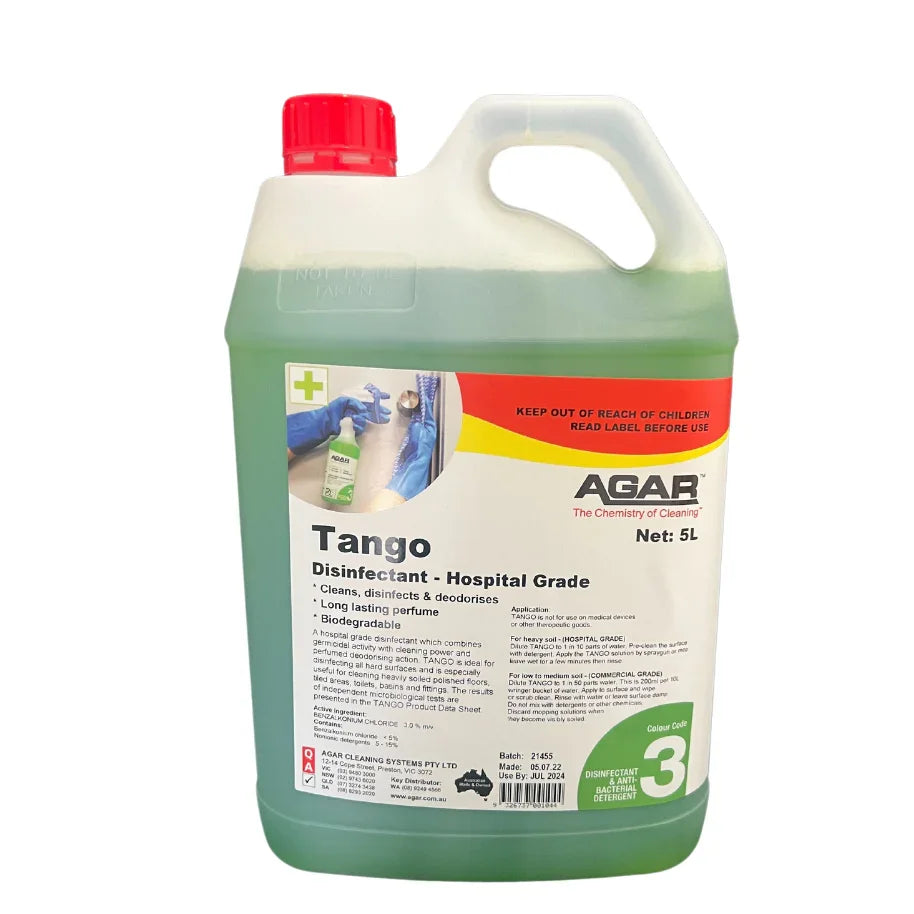 5L bottle of AGAR Tango hospital grade disinfectant with red cap and cleaning label
