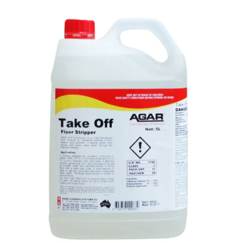 5L container of AGAR Take Off floor stripper with red cap and safety label