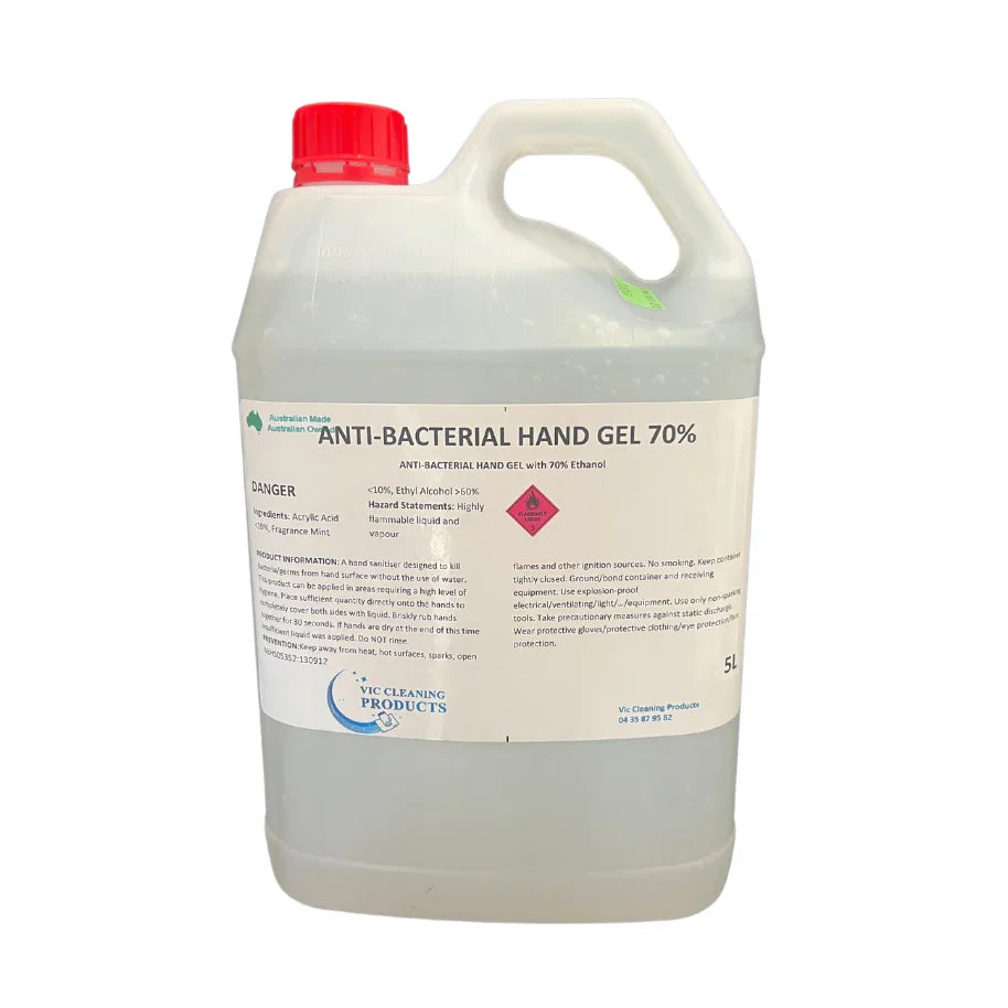 5L container of anti-bacterial hand gel 70% with red cap and safety label