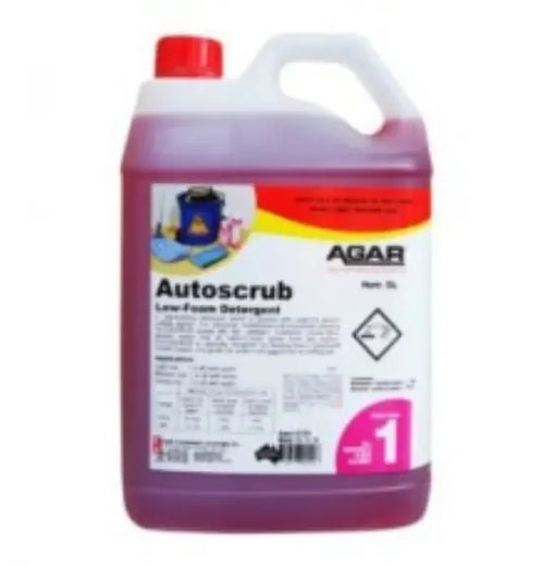 Agar Autoscrub low-foam detergent 5L container with red cap, cleaning product