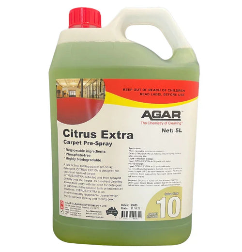 5L bottle of Citrus Extra Carpet Pre-Spray with green liquid and product label