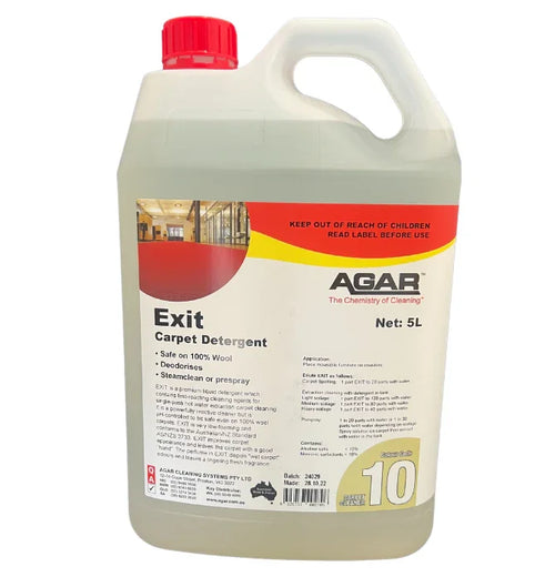 Agar Exit 5L carpet detergent plastic container with red cap, cleaning product label visible.