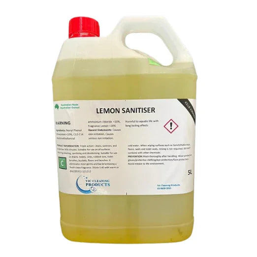 5L lemon sanitiser cleaning chemical in plastic container with red cap and product label