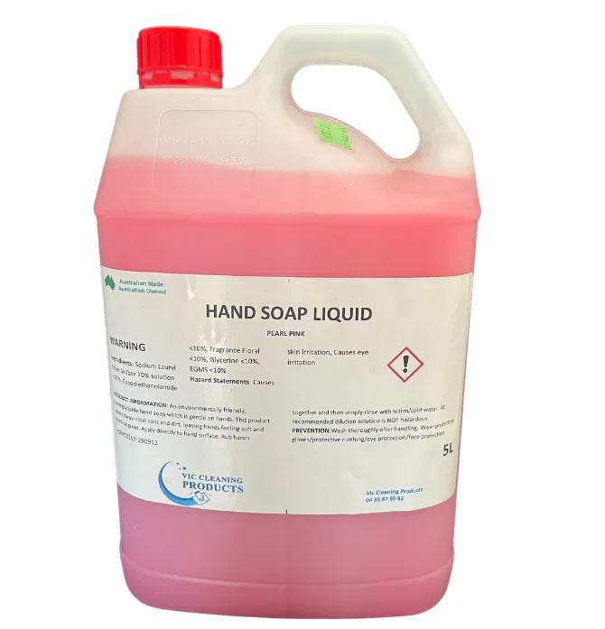 5L pink hand soap liquid in plastic container with red cap and cleaning label