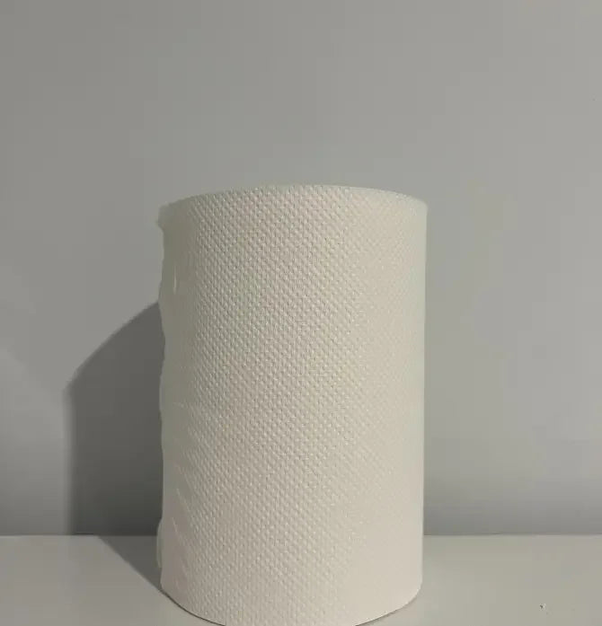 Single white paper towel roll with textured surface on a plain background