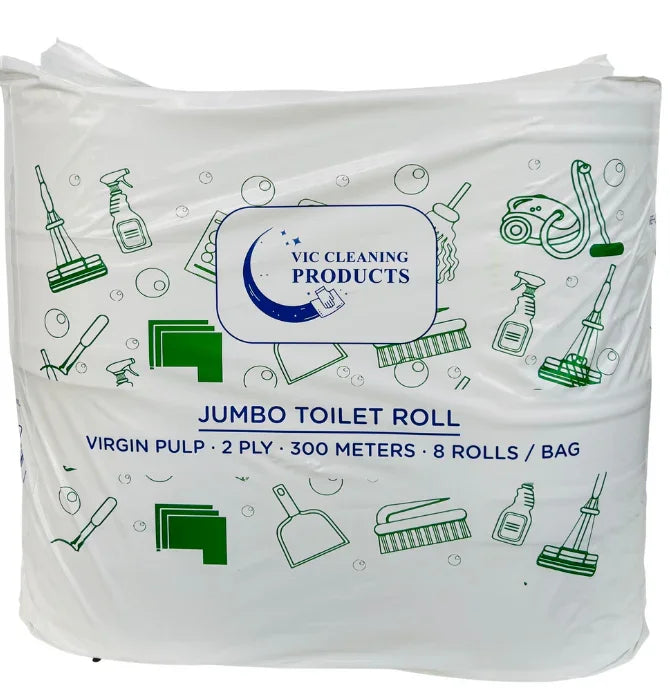 Jumbo toilet roll 8-pack, 2 ply 300 meters, cleaning supplies illustrated on packaging
