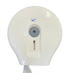 White commercial toilet paper dispenser with transparent viewing slot and wall-mounted design