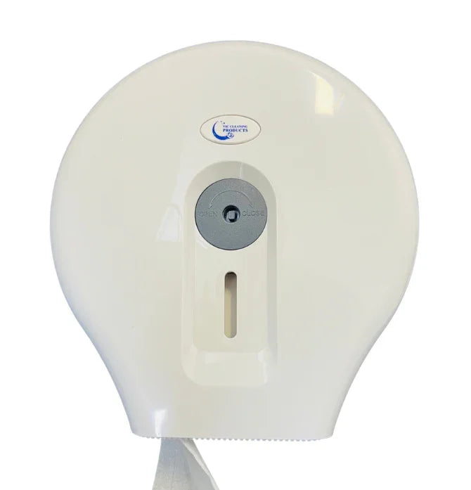 White commercial toilet paper dispenser with transparent viewing slot and wall-mounted design