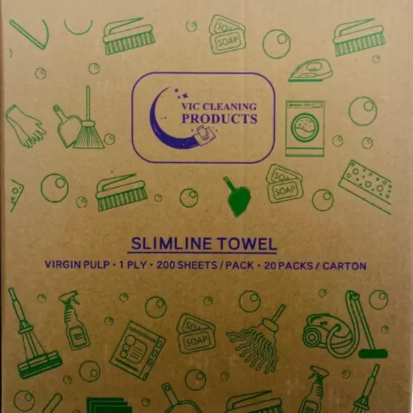 Slimline towel carton with cleaning product icons and text detailing 200 sheets per pack