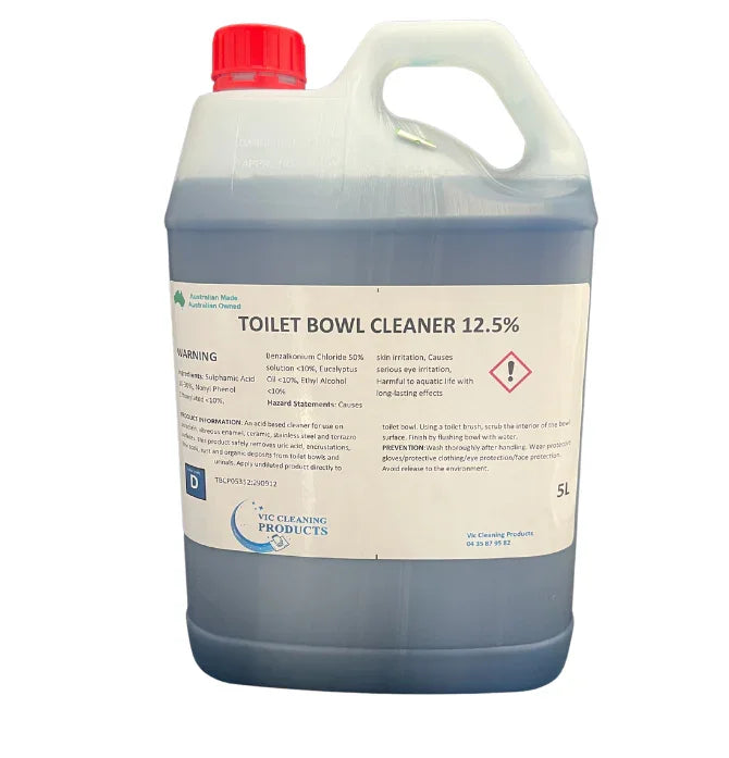 5L container of toilet bowl cleaner 12.5% with red cap and hazard warnings on label