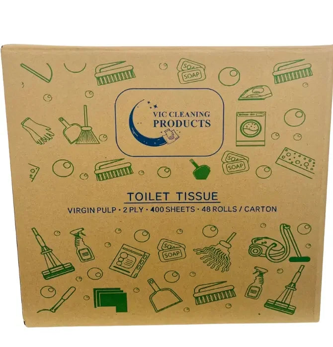Box of toilet tissue with cleaning product icons and text for 2 ply, 400 sheets, 48 rolls