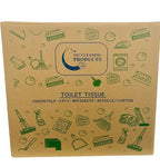 Box of toilet tissue with cleaning product icons and text for 2 ply, 400 sheets, 48 rolls