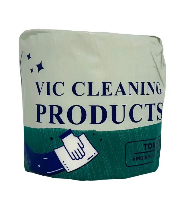 Toilet paper roll with green and white packaging labeled Vic Cleaning Products