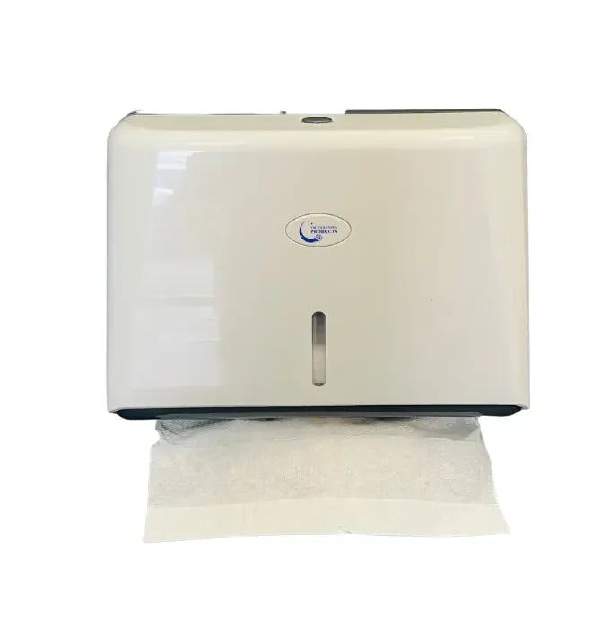 Wall-mounted paper towel dispenser with a white finish and visible paper towels