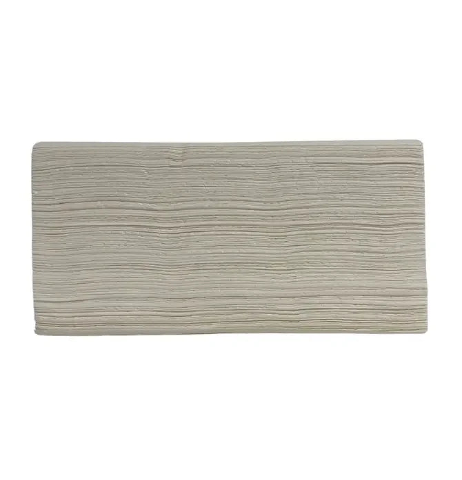Stack of beige paper cleaning towels with textured lines, ideal for household cleaning