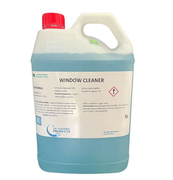 5L window cleaner in blue liquid, plastic container with red cap, cleaning product label