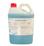 5L window cleaner in blue liquid, plastic container with red cap, cleaning product label