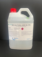 5L antibacterial hand gel 70% ethanol jug with red cap, clear label, on dark background