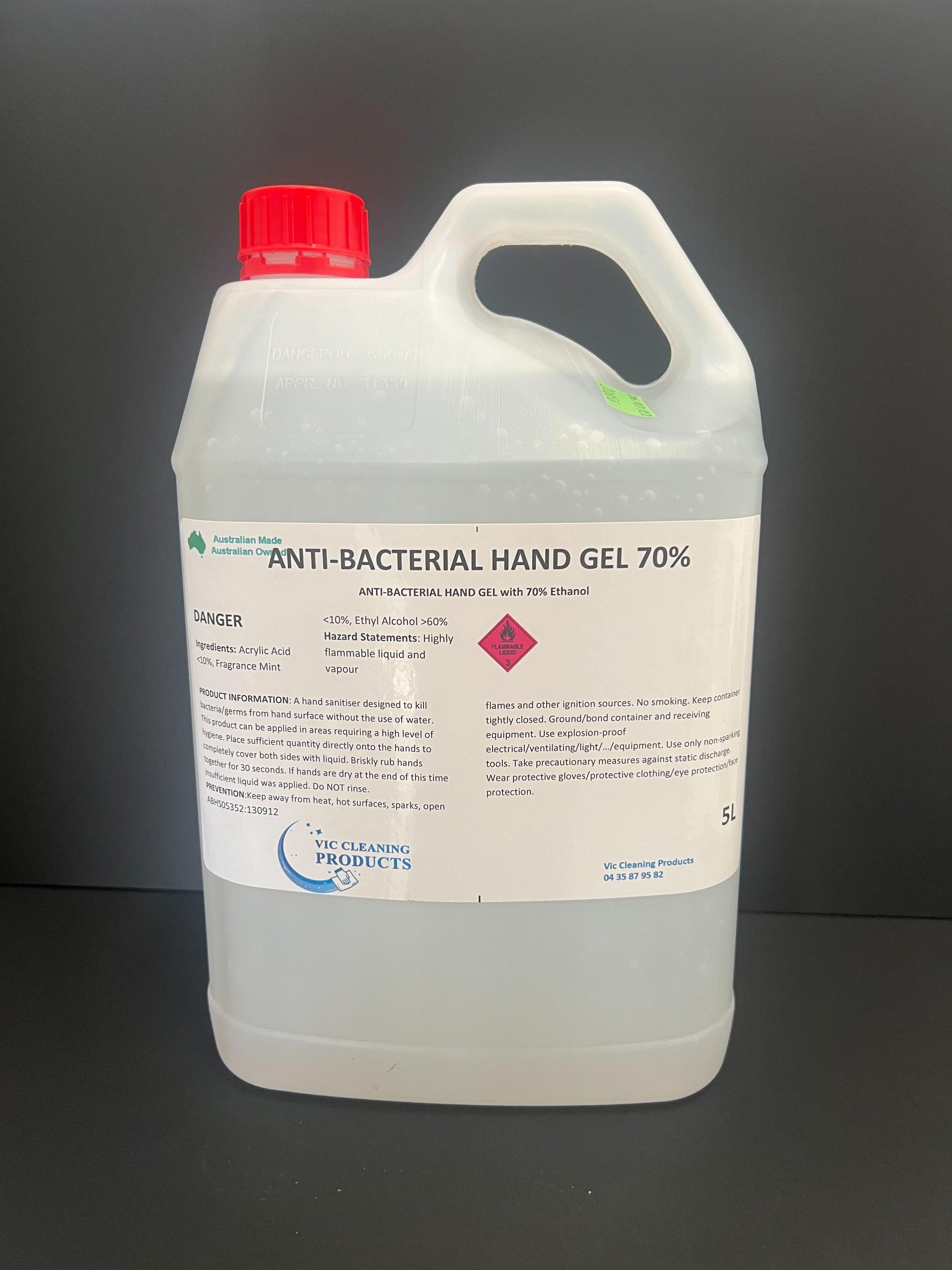 5L antibacterial hand gel 70% ethanol jug with red cap, clear label, on dark background