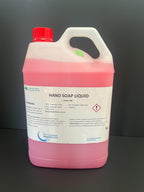 5L pink liquid hand soap in plastic bottle with red cap and label, cleaning supplies