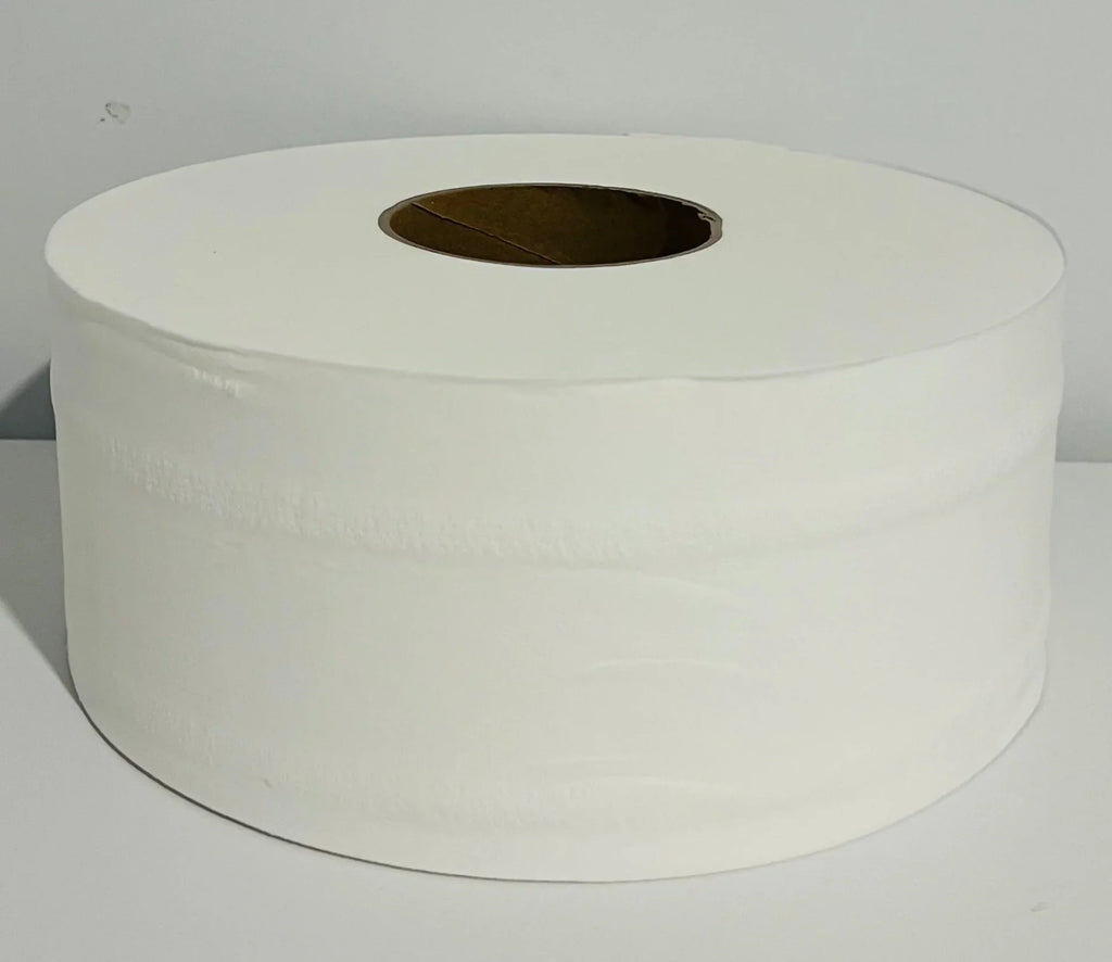 Large white jumbo toilet paper roll on plain background, commercial cleaning supply