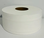 Large white jumbo toilet paper roll on plain background, commercial cleaning supply