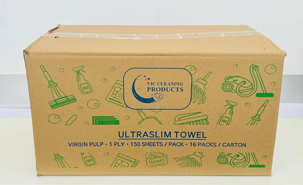 Ultraslim towel carton, 1 ply, 150 sheets per pack, cleaning products box on white background