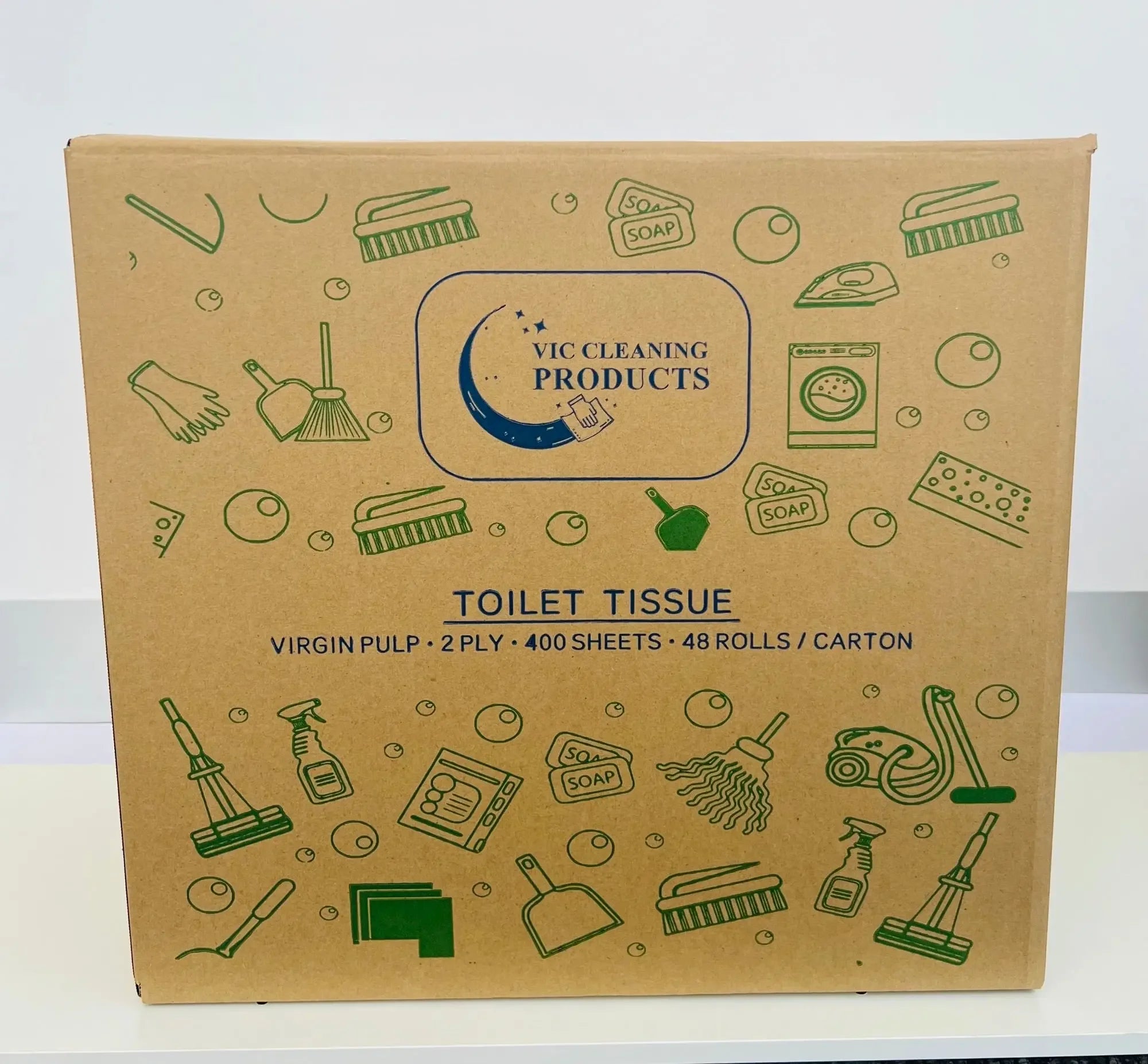 Box of 2-ply toilet tissue with cleaning supply icons, 48 rolls per carton, 400 sheets each