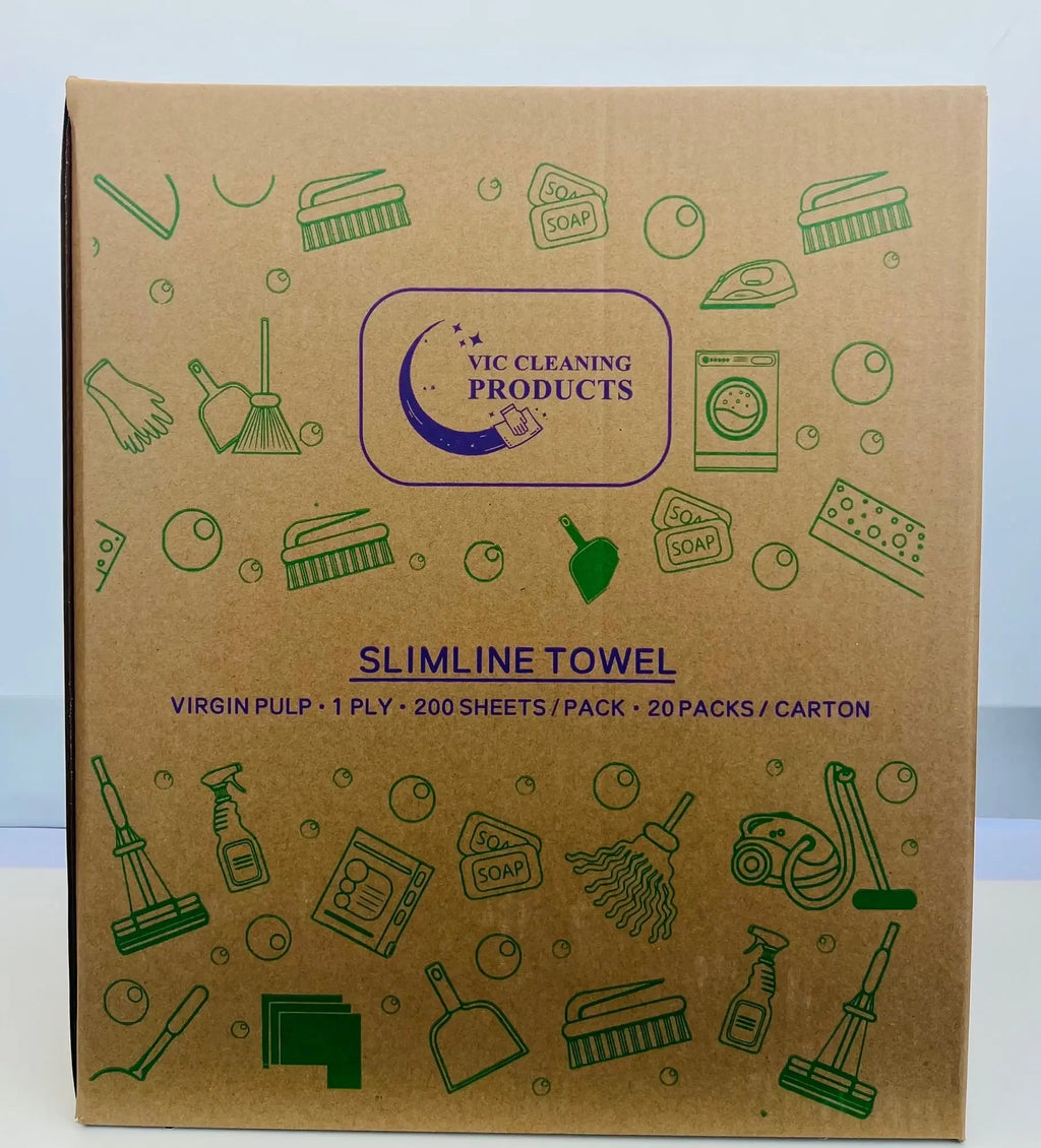 Brown box of slimline towel paper with cleaning product illustrations and specs