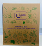 Brown box of slimline towel paper with cleaning product illustrations and specs