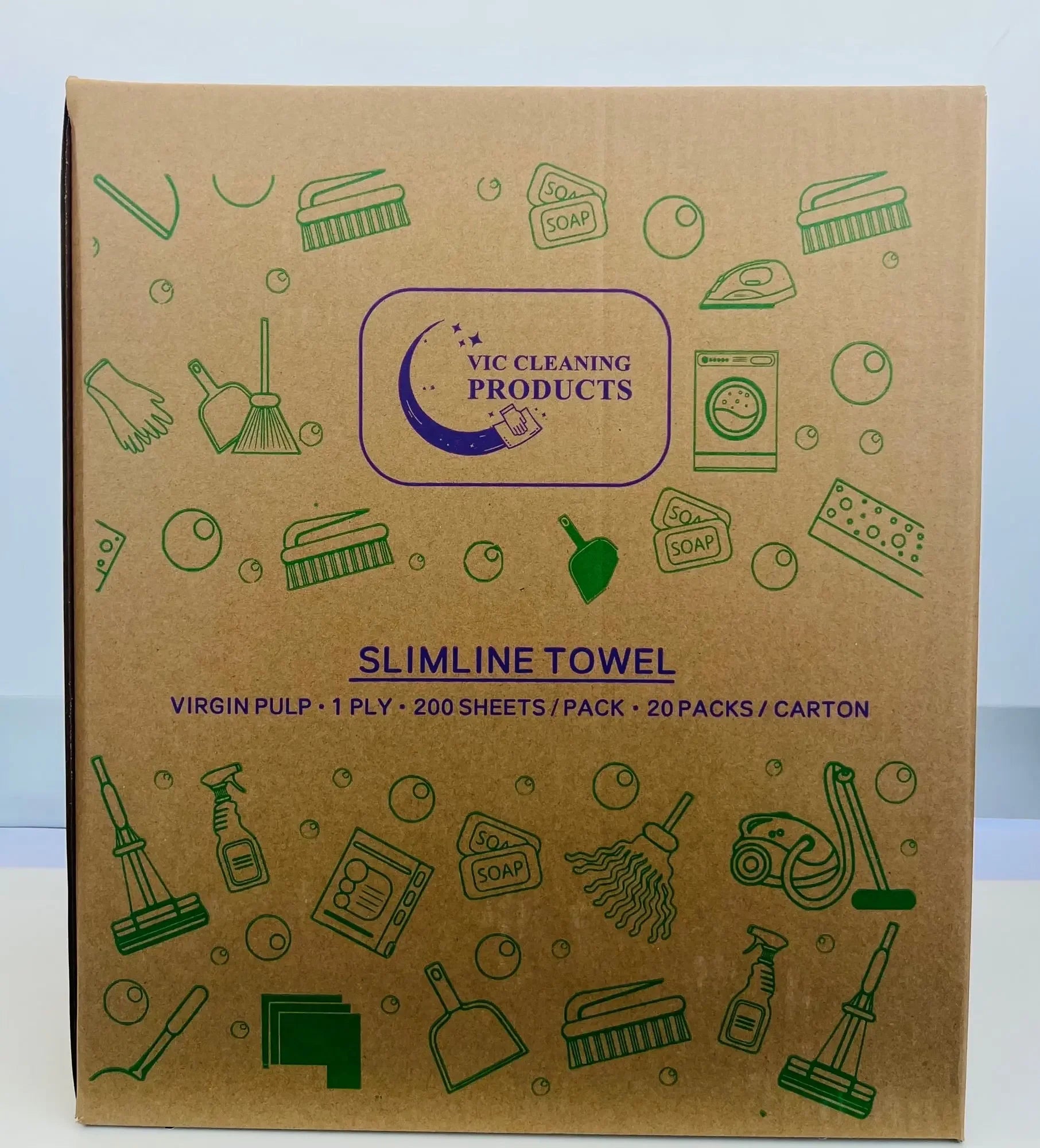 Brown box of slimline towel paper with cleaning product illustrations and specs