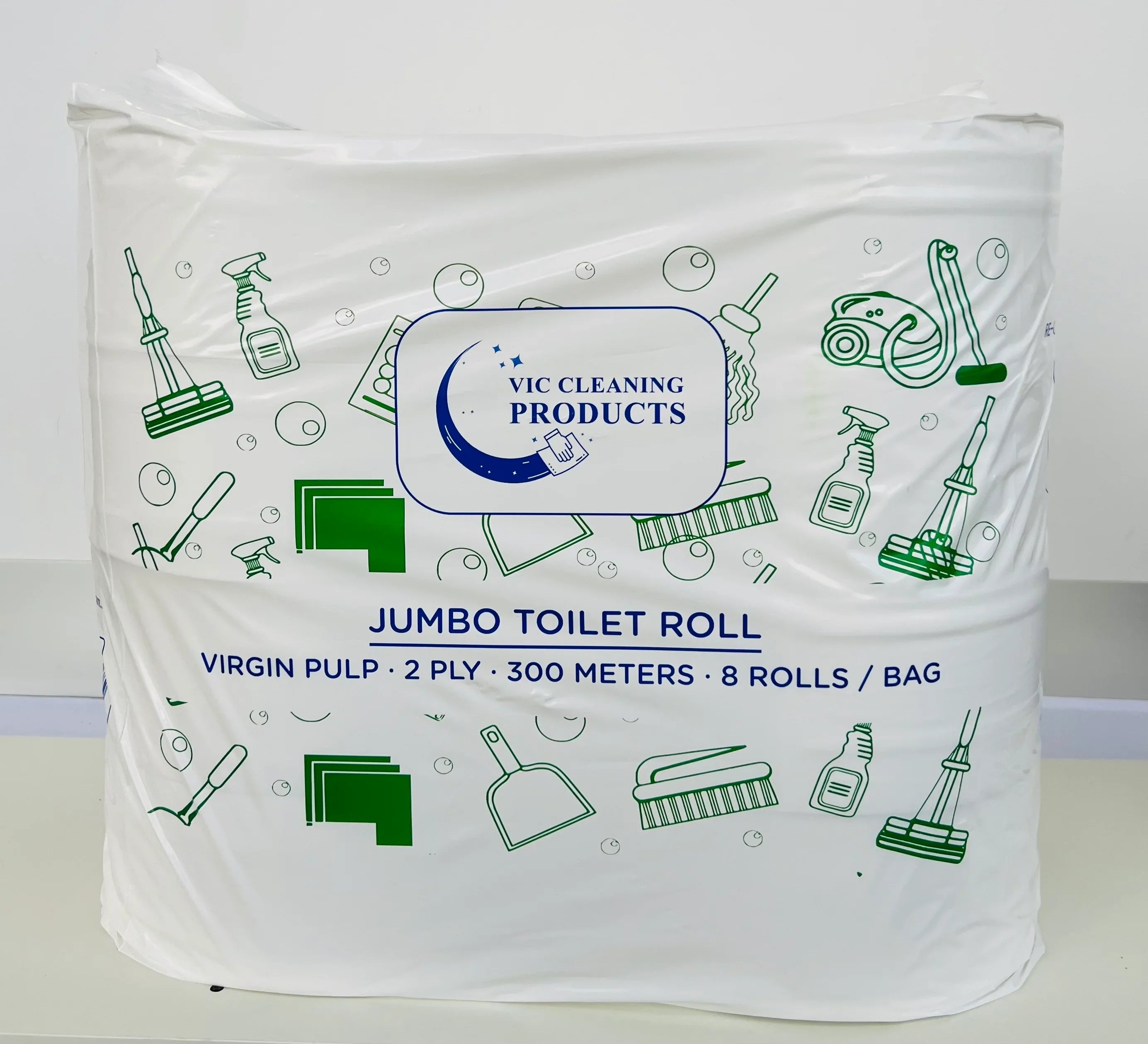 Package of jumbo toilet rolls, 2 ply, 8 rolls per bag, cleaning supplies icons on packaging