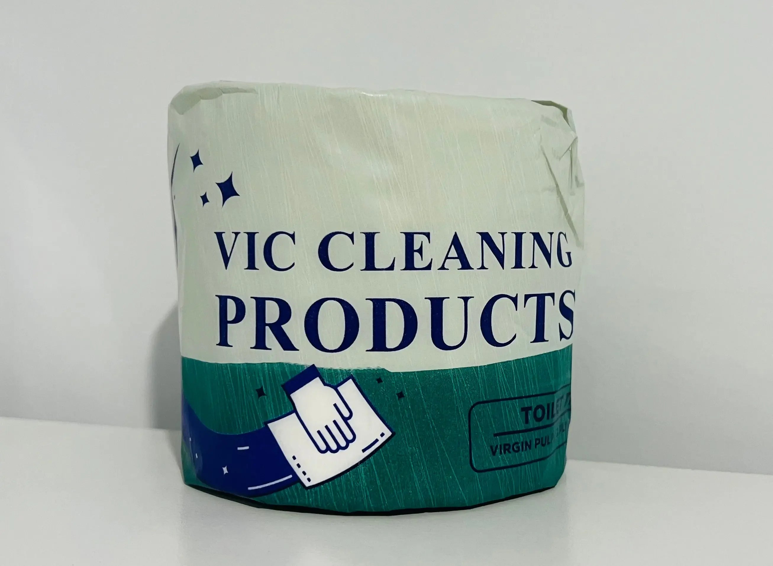 Toilet paper roll with hygienic packaging and cleaning symbols on a white background