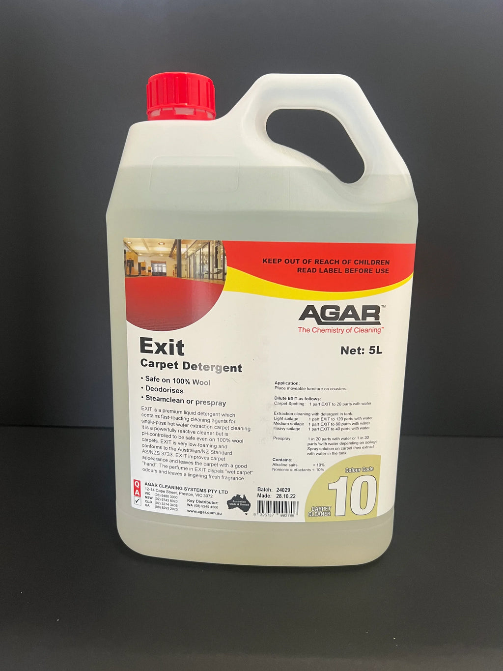 5L Agar Exit carpet detergent container with red cap for carpet cleaning and deodorising