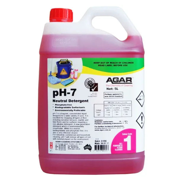 5L bottle of Agar pH-7 neutral detergent cleaner with red liquid and safety label