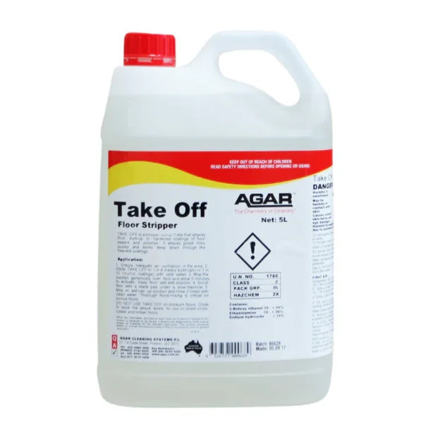 5L container of Agar Take Off floor stripper with red cap and warning label